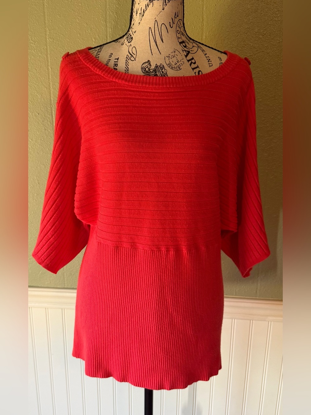 Joseph A Coral Ribbed Short Sleeve Sweater Nylon & Rayon.